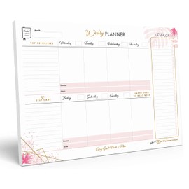 Perfect Planner Company - A4 Weekly Planner Desk Pad - Undated Tear Away Pages - With To Do List, Self Care, Top Priorities - 90gsm FSC paper - Landscape, 50 Pages