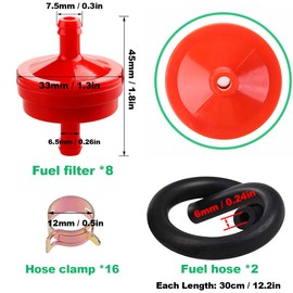 ZAMDOE 8 Pcs Fuel Filter for Lawn Mower, Fits 1/4" I.D. Fuel Line, for 298090 394358S 5098K AM38708 7-6572 AM107314 5018 Red Inline Fuel Filter, with 2 Fuel Hose & 16 Clamps