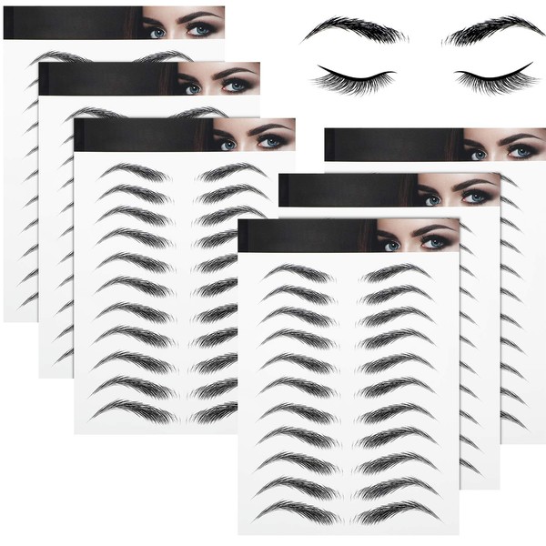 6 Sheets 4D Hair-like Waterproof Eyebrow Tattoo Stickers Eyebrow Transfer Sticker Care Shaping Stickers in Arch Style for Women, 66 Pairs (High Bow Eyebrow)