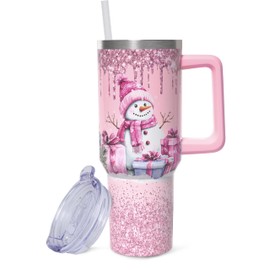 ZNYYZYBA 40 oz Christmas Tumbler with Handle and Straw, Stainless Steel Insulated Snowman Tumbler 40 oz, Reusable Pink Snowman Cup with Leak Proof Lid, Christmas Gifts for Women