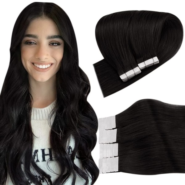 Easyouth #1 Remy Tape-In Real Hair Extensions, Straight, 60 cm, 50 g, Colour Jet Black