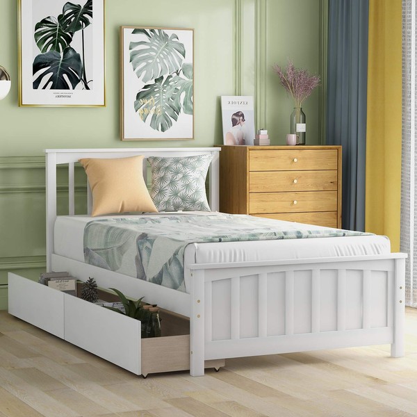 Twin Bed Frame with Drawers, Kids Platform Twin Bed with