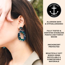 Blue & Green Tortoise Shell Hypoallergenic Large Oval Dangle Earrings | Allergen Safe Earrings, Everyday, Dangle and Drop, Green, Blue, Statement, Lightweight, Acetate, Acrylic, Resin, Gift