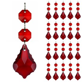 GOLDENHAITAI 20pcs Chandelier Crystals Maple Leaf Prism Pendant Parts Connected Glass Octagon Beads Chain for Chandelier Decoration 38mm (Red)