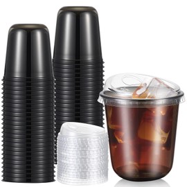 Ziliny 50 Sets Clear Plastic Coffee Cups with Sip Lids, Disposable Plastic PET Crystal Cups for Iced Coffee, Smoothie, Cold Beverage, Drink Shops and Party Catering(Black,12 oz)