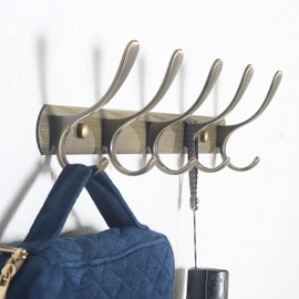 SKOLOO Coat Rack Wall Mount - Modern, Metal Wall Coat Rack with 5 Hooks, Pack of 2, Sturdy Wall Hook Rack Rail for Hanging Coat, Jacket, Clothes, Hat, Bronze