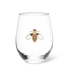 Abbott Collection Stemless Wine Glass with Jewelled Bee - Glass/Metal, Clear/Gold, 4.5" H (16oz)