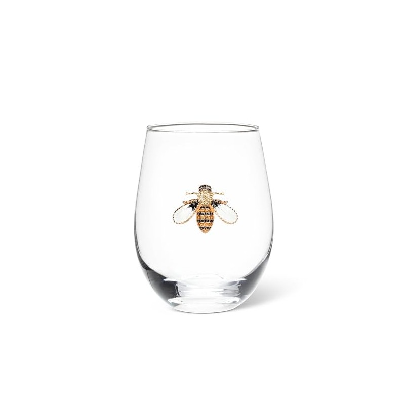 Abbott Collection Stemless Wine Glass with Jewelled Bee - Glass/Metal,