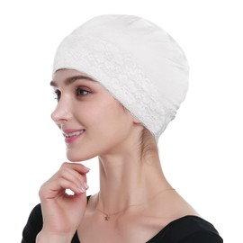 Womens Beanie Lace Turban Soft Sleeping Night Cap Off-White