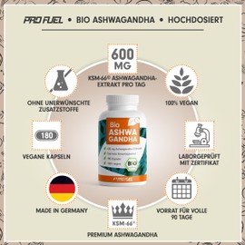 Organic Ashwagandha Capsules 540x with KSM-66 Ashwagandha - 600 mg Ashwagandha Root Extract per Day - No Unwanted Additives - Laboratory Tested with Certificate - 100% Vegan - Supply for 9 Months