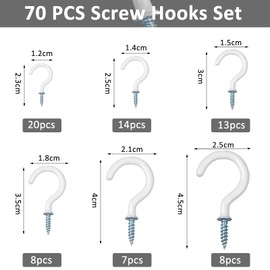 funvce Pack of 70 Screw Hooks, Cup Hook Screw with Wood Thread in 6 Sizes, Ceiling Hooks for Tools, Kitchen, Garden, Outdoor, Indoor