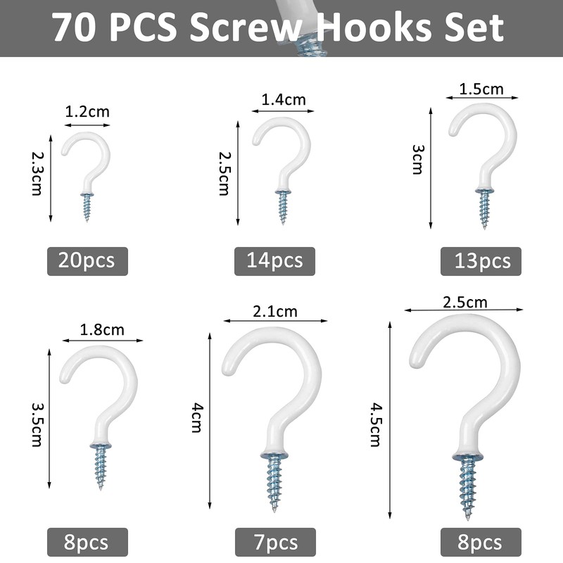 funvce Pack of 70 Screw Hooks, Cup Hook Screw with