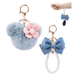 HONYJOOM Bow Keychain, Pom Pom Keychain Fur Ball Key Chain Fluffy Keyring Bow Bag Backpack Purse Charm, Wristlet Keychain for Women (Bluey Keychain)