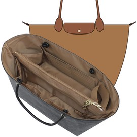 DupontPaper Purse Organizer Insert with Elastic Cup Holder,Tote Handbag Divider Shaper Cpmpatible with Longchamp Medium/Goyard PM and More, 17 Compartments/Key Leash Zipper Bags Liner, Black&Brown/M