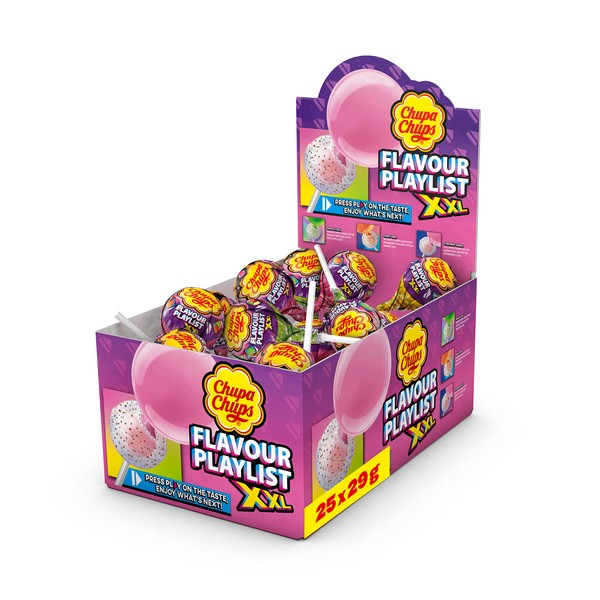 Chupa Chups XXL Flavour Playlist Chewing Gum Lollipop, Counter Display Contains 25 Lollipops with Fruity Bubblegum Core in 3 Delicious Varieties, for Halloween, 25 x 29 g