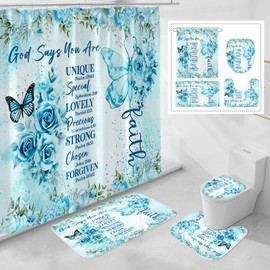 Litabel 4 Pcs Teal Butterfly Inspirational Quotes Shower Curtain Set with Rugs and Toilet Lid Cover, Colorful Boho Waterproof Fabric Bathroom Set, Bible Verse Floral Bathroom Decor Set Accessories