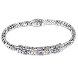 NOVICA Artisan Handcrafted Gold Accent Blue Topaz Braided Bracelet Vermeil from Bali Indonesia [1.8 in L x 0.3 in W x 0.2 in D] ' Bedugul Temple'