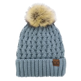 C.C Beanie Women’s Thick Cable Knit Faux Fuzzy Fur Pom Lattice Crossover Fleece Lined Skull Cap (Winter Mint)