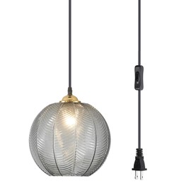 KCO Lighting Mid Century Plug in Hanging Light Modern Milk Glass Pendant Light White and Gold Plug in Chandelier Lighting with Long Cord Vintage Striped Glass Hanging Ceiling Lighting