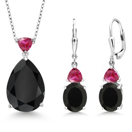 Gem Stone King 925 Sterling Silver Black Onyx and Red Created Ruby Pendant Earrings Jewelry Set For Women (16.20 Cttw, Pear Shape 18X13MM, with 18 Inch Chain)