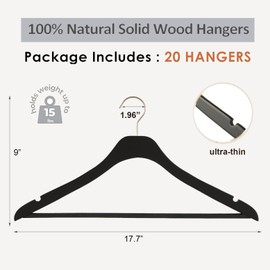 Wooden Clothes Hangers 20 Pack Natural Slim Solid Wood Coat Hangers,17.7inch Ultra Thin Space Saving Black Wooden Adult Hangers,Heavy Duty Suit Hangers with Pant Bar for Jacket,Shirt,Suit and Pants