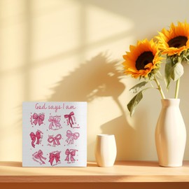 FHUGX Coquette Pink Bow Christian Wood Box Sign 5×5 Inches, God Says I Am Bible Verse Religious Wood Sign for Home Office Girls Bedroom Dorm Desk Tabletop Shelf Decor