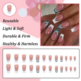 Ceboic Pack of 24 Glue-On Nails, Short, Square, French Pink Glitter Artificial Nails, Glossy Artificial Nails, Press on Nails, Acrylic Stick on Nails for Women and Girls
