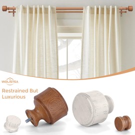 Wolistsa Wood Double Curtain Rods for Windows 36 to 72 Inch, Adjustable Decorative 1" Boho Heavy Duty Dual Curtain Rod, Vintage Farmhouse Double Drapery Pole with Modern Faux Wood Grain Finials