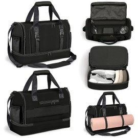 Talliva Black Small Gym Bag for Women and Men with Shoe Compartment, Sports Gym Tote Bag with Yoga Mat Holder, Waterproof Travel Duffel Weekender Workout Bag, Carry on Bag for Airplanes with 8 Pockets