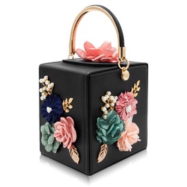 Milisente Evening Clutch Bag for Women Floral Square Box Evening Bags Crossbody Shoulder handBags Flower Wedding Clutch Purse (Black)