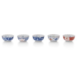 Saikaitoki Small Bowl, Japanese Tableware, Cutlery, Hasamiyaki, New Year Set, Dyed and Nishiki-e Changing Chrysanthemum Shape, Small Pot (Set of 5 Patterns)