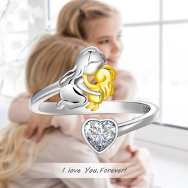 Qings April Moissanite Birthstone Ring 925 Sterling Silver for Mother Daughter Heart Birth Stone Mom Adjustable Open Ring