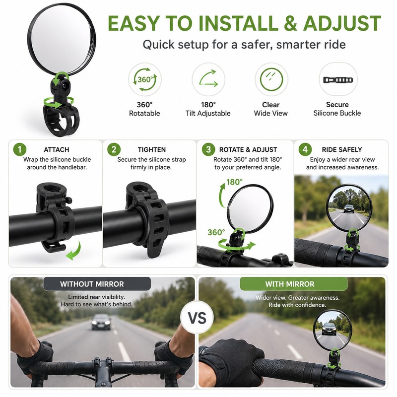Bicycle Rearview Mirror for Safer Riding – 360° Adjustable Convex