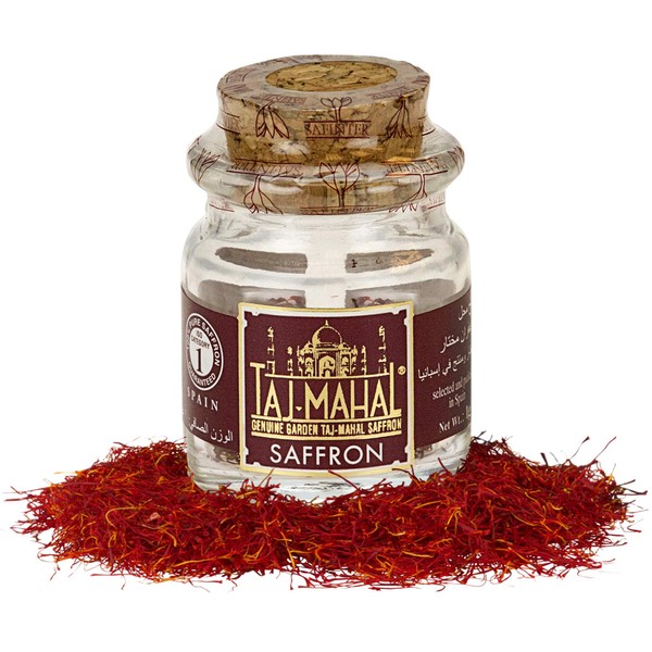 Taj-Mahal Spanish Saffron Pure Threads Spice - Crocus Sativus Coupe Color Tea Meals Seasoning | World's Finest Saffron Spice Crocus Corms | For Cooking Recipes Organic in Sealed Tin - 1 gr Jar Pack