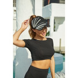 RITUMO Studded Rhinestone Crystals Ponytail Hats Bling Mesh Baseball Cap Fashionable Open Top Sun Visor Hat for Women, black/white