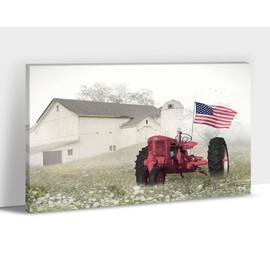 Barn Canvas Wall Art, Farmhouse and Red Tractor Pictures Wall Art for Bedroom, Vintage American Flag Paintings Print Wall Decor, Classic Country Rustic for Living Room Decoration 18x24 inches