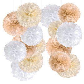 SUNBEAUTY Party Decoration Pompoms – Pack of 15 Beige Brown White Tissue Paper Pompoms for Wedding, Table Decoration Birthday, Baby Shower Decoration, Prom, Festival, Christmas, Carnival