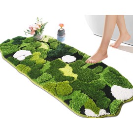 Hifuwan Cute Green Moss Bathroom Runner Rug Long Rectangular Boho Aesthetic Leaf Leaves Bath Mat Shaggy Non Slip Absorbent Shower Mat Decor