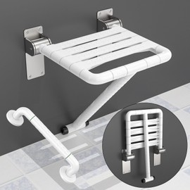 Munzong Wall Mounted Folding Shower Seat with Assist Grab Bar in White