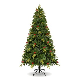 Uten Artificial Christmas Tree, 6Ft Unlit Tree with Mixed 950 Branch Tips, Red Holly Berries, Metal Stand, Easy Assembly for Home, Office, Holiday Decoration