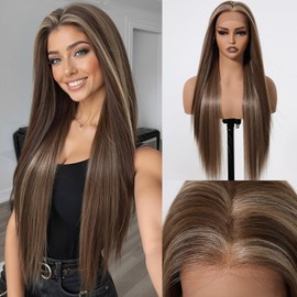 testar Linght Brown Wigs for White Women 13X6 HD Lace Front Wig 30 IN Long Straight Wigs With Blonde Highlignts Synthetic Wigs Synthetic Lace Front Wigs for Women Daily Use