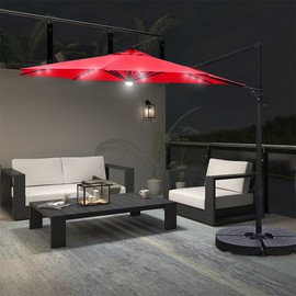 MAYPEX 10 Ft. Solar Lighted Cantilever Umbrella Patio Offset Hanging Umbrella LED Lights Outdoor Market Umbrella for Garden Backyard Pool Cranberry