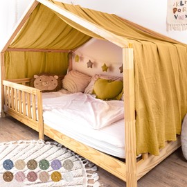 lilimaus House Bed Canopy, Made of 100% Cotton Muslin, Handmade, Fabric Bed Decoration, Girls and Boys, Children, Bed Curtain for Children's Bed, Mustard Yellow