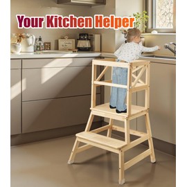 Toddler Tower,Kitchen Step Stool with CPC Certification,Sliding Anti-Fall Safety Bar,Solid Wood Kid Kitchen Stool for 18 Months to 3 Years Old(Natural)