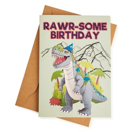 T-rex Party Hat Birthday Card: 21cm x 15cm - Fun and Vibrant Dinosaur Celebration Design - Ideal Greeting for Boys and Girls to Make Their Special Day Roar with Excitement