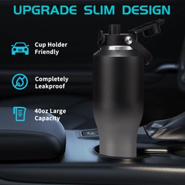 40oz Insulated Water Bottle Tumbler with Straw - Auto Spout Lid, Protective Boot, Carrier Pouch, Vacuum Stainless Steel Water Bottles Leak-proof, Skinny Thermo Mug Flask Fit in Car Bike Cup Holder