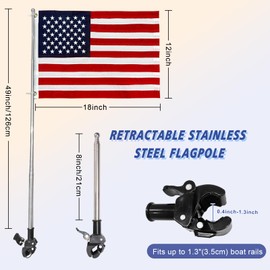 JRED Small American Flag Pole Kit, Retractable Boat Flagpole Holder 12x18 US Flags for Outside, USA Embroidered Stars 2 Brass Grommets for Motorcycle, Golf Cart, Bicycle, Yacht