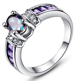 Psiroy 925 Sterling Silver Plated Oval Simulated Rainbow Topaz Ring for Women Size 9