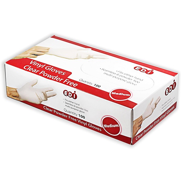 EDI Clear Powder Free Vinyl Glove,4.3 mil,Disposable Glove,Industrial Glove,Clear, Latex Free and Allergy Free, Plastic, Work, Food Service, Cleaning,100 Gloves per Box (Box of 100) (Medium)