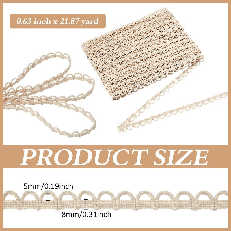 MAYJOYDIY 21.8 Yards Cotton Loop Trim Buttonhole Ribbon Trim Antique